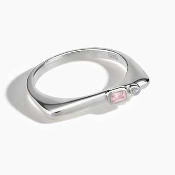 925 Sterling Silver Emerald Cut Rose Quartz Puzzle Stacking Ring - Minimal Align Front View
