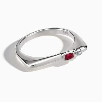 925 Sterling Silver Emerald Cut Ruby Puzzle Stacking Ring - Minimal Align Front View