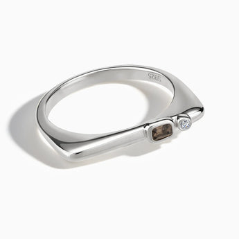 925 Sterling Silver Emerald Cut Smoky Quartz Puzzle Stacking Ring - Minimal Align Front View