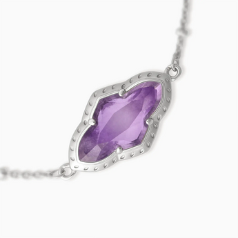 925 Sterling Silver Flower Amethyst Bezel Bracelet - Retro Charm Detail View