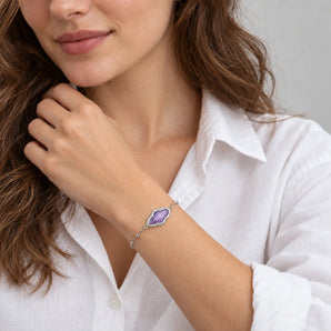 925 Sterling Silver Flower Amethyst Bezel Bracelet - Retro Charm Model Shot