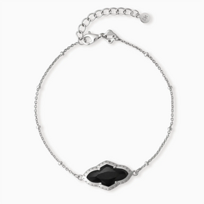 925 Sterling Silver Flower Black Onyx Bezel Bracelet - Retro Charm Front View