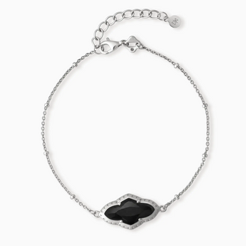 925 Sterling Silver Flower Black Onyx Bezel Bracelet - Retro Charm Front View