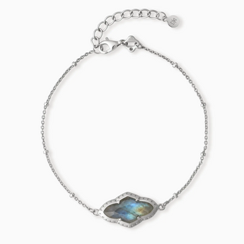 925 Sterling Silver Flower Labradorite Bezel Bracelet - Retro Charm Front View