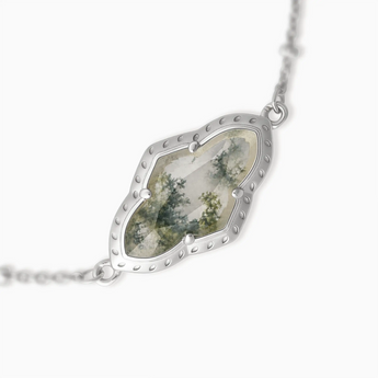 925 Sterling Silver Flower Moss Agate Bezel Bracelet - Retro Charm Detail View