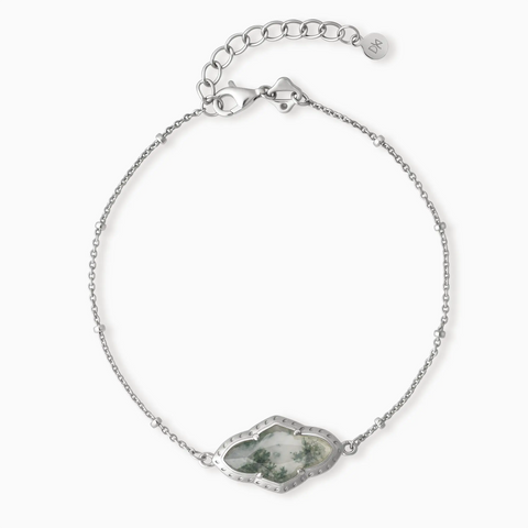 925 Sterling Silver Flower Moss Agate Bezel Bracelet - Retro Charm Front View
