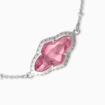 925 Sterling Silver Flower Pink Tourmaline Bezel Bracelet - Retro Charm Detail View