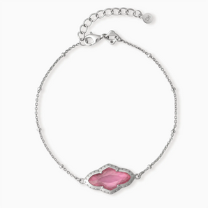 925 Sterling Silver Flower Pink Tourmaline Bezel Bracelet - Retro Charm Front View