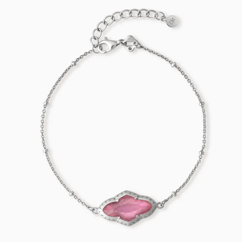 925 Sterling Silver Flower Pink Tourmaline Bezel Bracelet - Retro Charm Front View