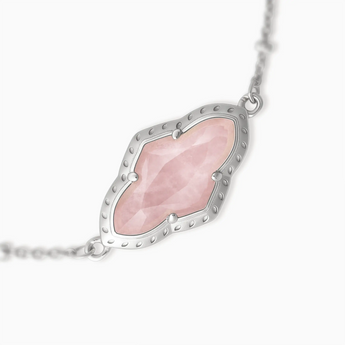 925 Sterling Silver Flower Rose Quartz Bezel Bracelet - Retro Charm Detail View