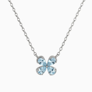 925 Sterling Silver Four-Leaf Aquamarine Necklace - Lucky Quartet Front View