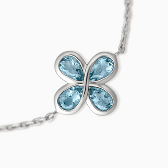 925 Sterling Silver Four Leaf Clover Aquamarine Bracelet Fortune Wish Detail View
