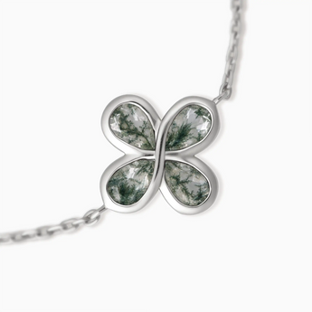 925 Sterling Silver Four Leaf Clover Moss Agate Bracelet Fortune Wish Detail View