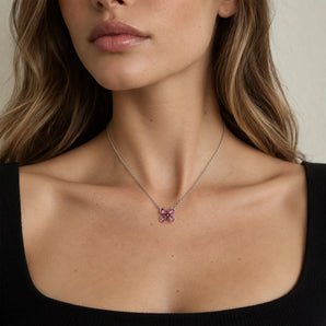 925 Sterling Silver Four-Leaf Clover Pink Tourmaline Necklace - Lucky Quartet Worn View