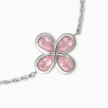 925 Sterling Silver Four Leaf Clover Rose Quartz Bracelet Fortune Wish Detail View
