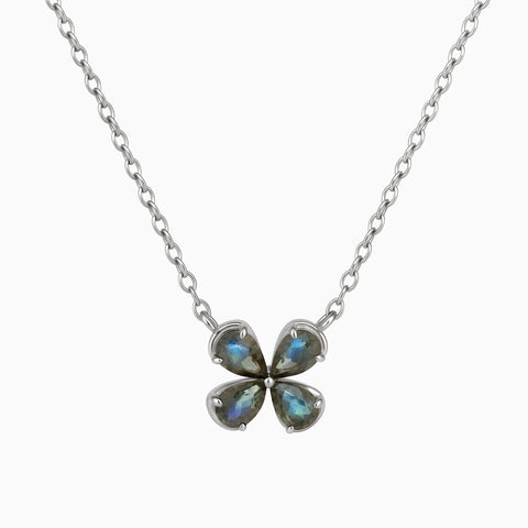 925 Sterling Silver Four-Leaf Labradorite Necklace - Lucky Quartet Front View
