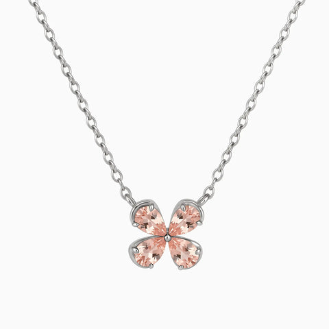 925 Sterling Silver Four-Leaf Morganite Necklace - Lucky Quartet Front View