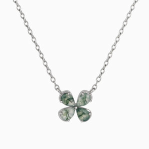 925 Sterling Silver Four-Leaf Moss Agate Necklace - Lucky Quartet Front View