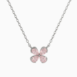 925 Sterling Silver Four-Leaf Rose Quartz Necklace - Lucky Quartet Front View