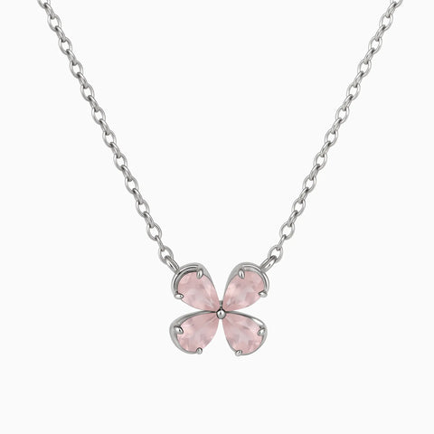 925 Sterling Silver Four-Leaf Rose Quartz Necklace - Lucky Quartet Front View