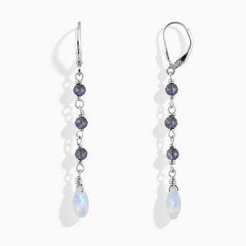 925 Sterling Silver Freeform Alexandrite & Moonstone Linked Dangle Earrings - Trailing Whispers Front View