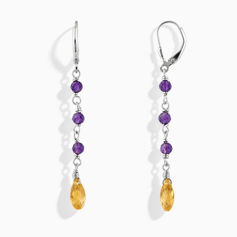 925 Sterling Silver Freeform Amethyst & Citrine Linked Dangle Earrings - Trailing Whispers Front View