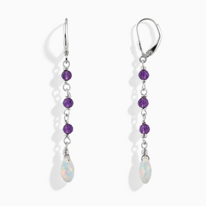 925 Sterling Silver Freeform Amethyst & Opal Linked Dangle Earrings - Trailing Whispers Front View