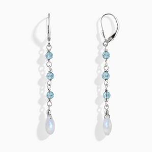 925 Sterling Silver Freeform Aquamarine & Moonstone Linked Dangle Earrings - Trailing Whispers Front View