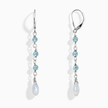 925 Sterling Silver Freeform Aquamarine & Moonstone Linked Dangle Earrings - Trailing Whispers Front View