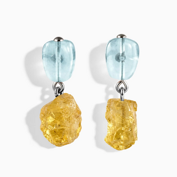 925 Sterling Silver Freeform Aquamarine & Raw Citrine Stud Earrings - Tethered Earth Front View
