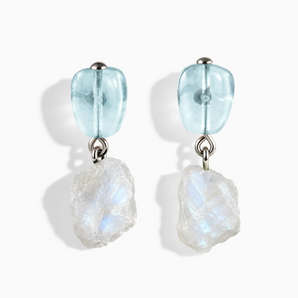925 Sterling Silver Freeform Aquamarine & Raw Moonstone Stud Earrings - Tethered Earth Front View