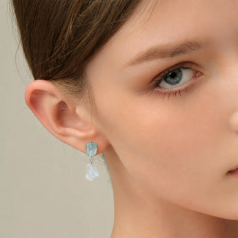 925 Sterling Silver Freeform Aquamarine & Raw Moonstone Stud Earrings - Tethered Earth Model Shot