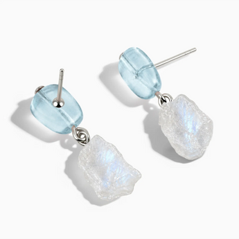 925 Sterling Silver Freeform Aquamarine & Raw Moonstone Stud Earrings - Tethered Earth Side View