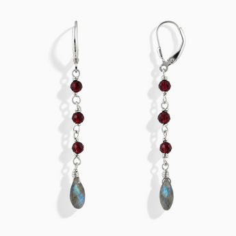 925 Sterling Silver Freeform Garnet & Labradorite Linked Dangle Earrings - Trailing Whispers Front View
