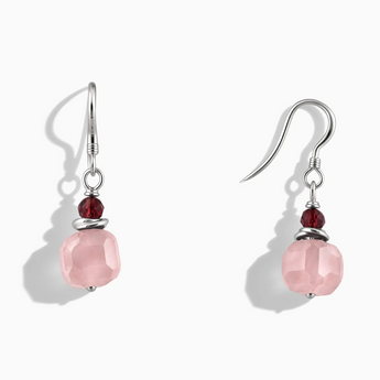 925 Sterling Silver Freeform Garnet & Rose Quartz Dangle Earrings - Woven Duet Front View