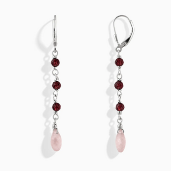 925 Sterling Silver Freeform Garnet & Rose Quartz Linked Dangle Earrings - Trailing Whispers Front View