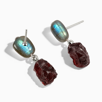 925 Sterling Silver Freeform Labradorite & Raw Garnet Stud Earrings - Tethered Earth Side View
