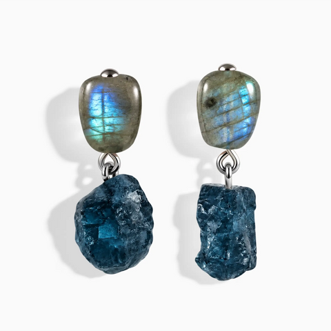 925 Sterling Silver Freeform Labradorite & Raw London Blue Topaz Stud Earrings - Tethered Earth Front View