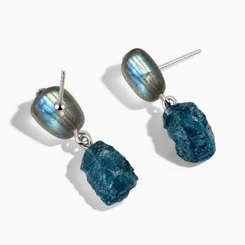 925 Sterling Silver Freeform Labradorite & Raw London Blue Topaz Stud Earrings - Tethered Earth Side View