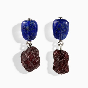 925 Sterling Silver Freeform Lapis Lazuli & Raw Garnet Stud Earrings - Tethered Earth Front View