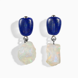 925 Sterling Silver Freeform Lapis Lazuli & Raw Opal Stud Earrings - Tethered Earth Front View