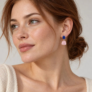 925 Sterling Silver Freeform Lapis Lazuli & Rose Quartz Stud Earrings - Linked Fate Model Shot