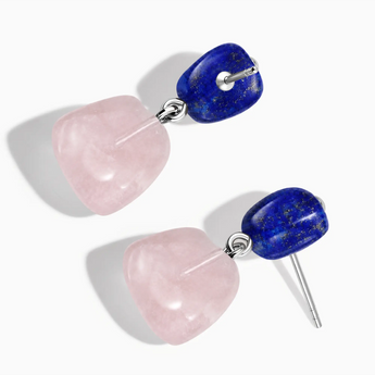 925 Sterling Silver Freeform Lapis Lazuli & Rose Quartz Stud Earrings - Linked Fate Side View