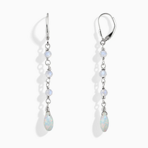925 Sterling Silver Freeform Moonstone & Opal Linked Dangle Earrings - Trailing Whispers Front View
