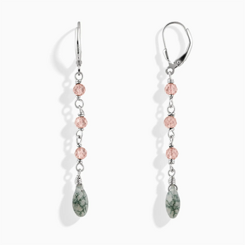 925 Sterling Silver Freeform Morganite & Moss Agate Linked Dangle Earrings - Trailing Whispers Front View