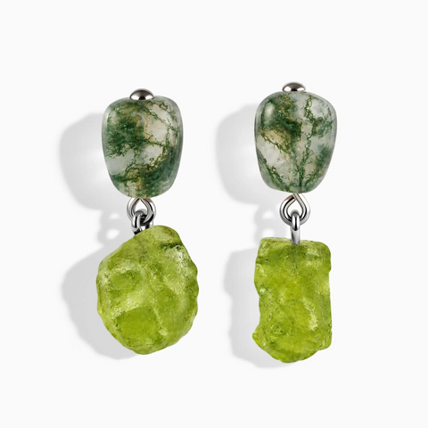 925 Sterling Silver Freeform Moss Agate & Raw Peridot Stud Earrings - Tethered Earth Front View