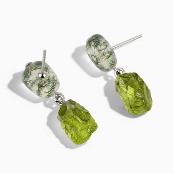 925 Sterling Silver Freeform Moss Agate & Raw Peridot Stud Earrings - Tethered Earth Side View