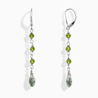 925 Sterling Silver Freeform Peridot & Moss Agate Linked Dangle Earrings - Trailing Whispers Front View