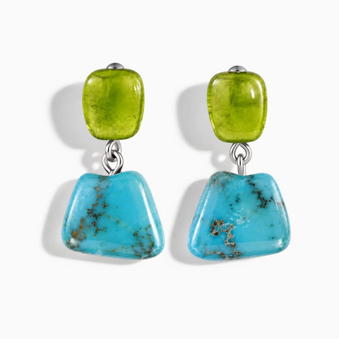 925 Sterling Silver Freeform Peridot & Turquoise Stud Earrings - Linked Fate Front View