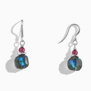925 Sterling Silver Freeform Pink Tourmaline & Labradorite Dangle Earrings - Woven Duet Front View
